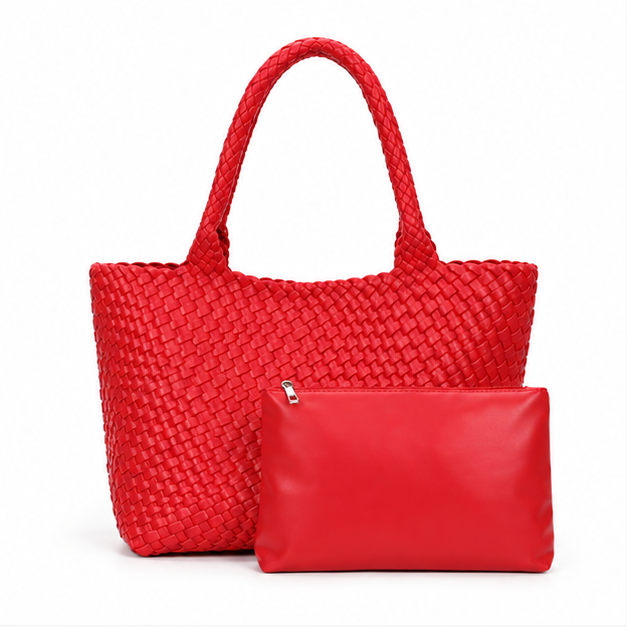Red Woven Tote Bag With Pouch