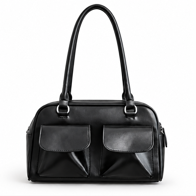 Black Double Pocket Structured Shoulder Bag