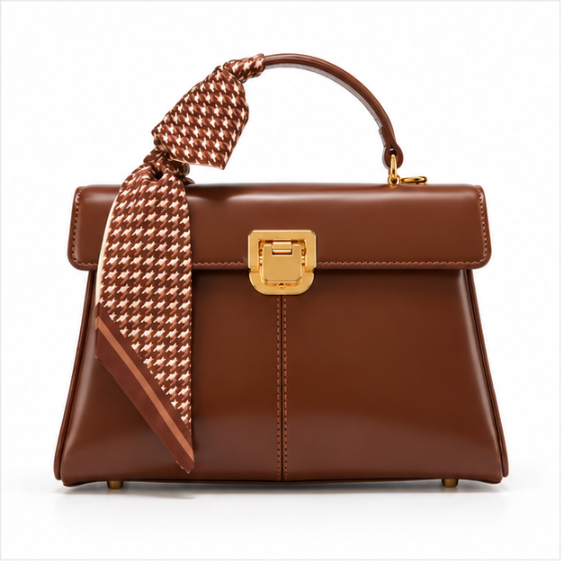 Elegant Brown Scarf Accent Structured Handbag