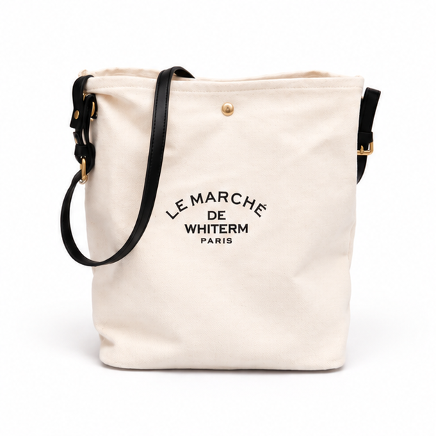 Ivory Canvas Shoulder Tote With black Strap