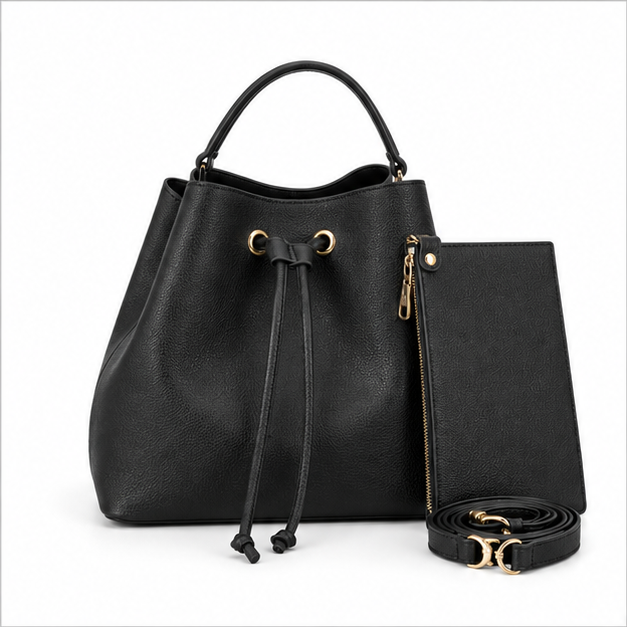 Black Drawstring Bucket Handbag With Pouch