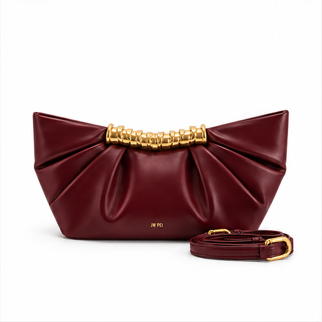 Burgundy Pleated Gold Handle Evening Bag