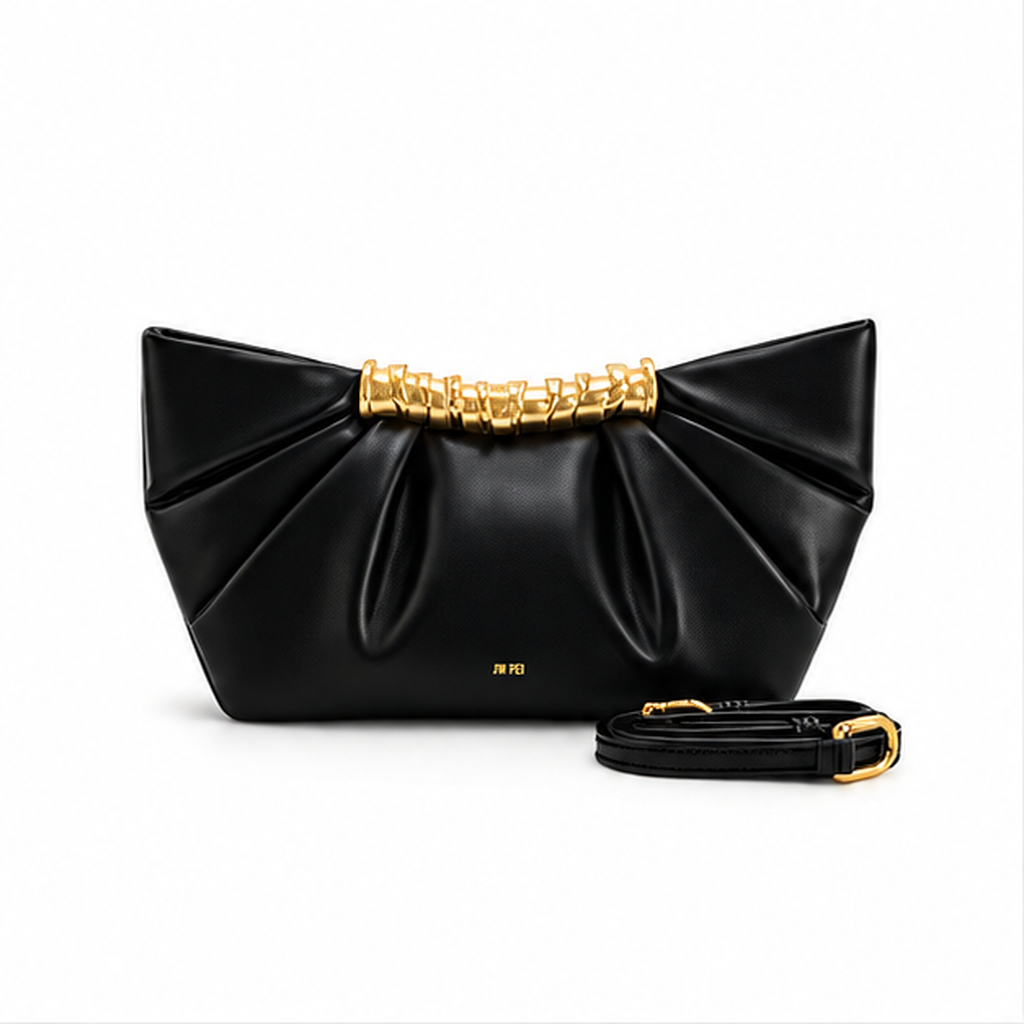 Black Pleated Gold Accent Clutch Bag