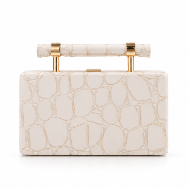 Ivory Croc Embossed Structured Clutch Bag