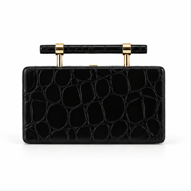 Black Crocodile Texture Structured Clutch Bag