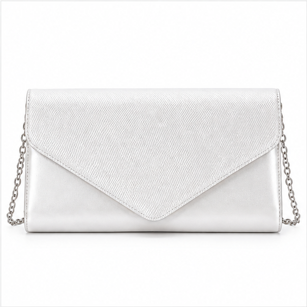 White Silver Chain Envelope Clutch Bag