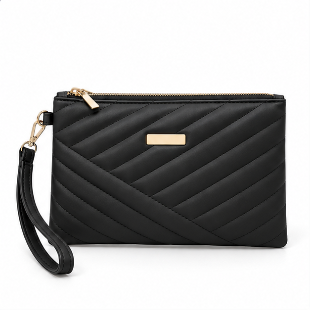 Black Quilted Wristlet Clutch Bag Purse