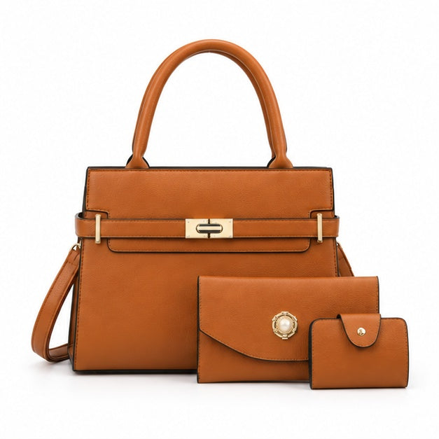 Tan Leather Handbag Three-Piece Set