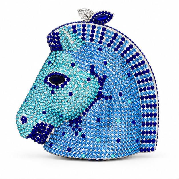 Blue Crystal Horse Head Evening Clutch