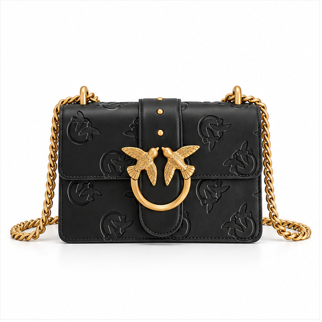 Elegant Black Embossed Bird Chain Shoulder Bag