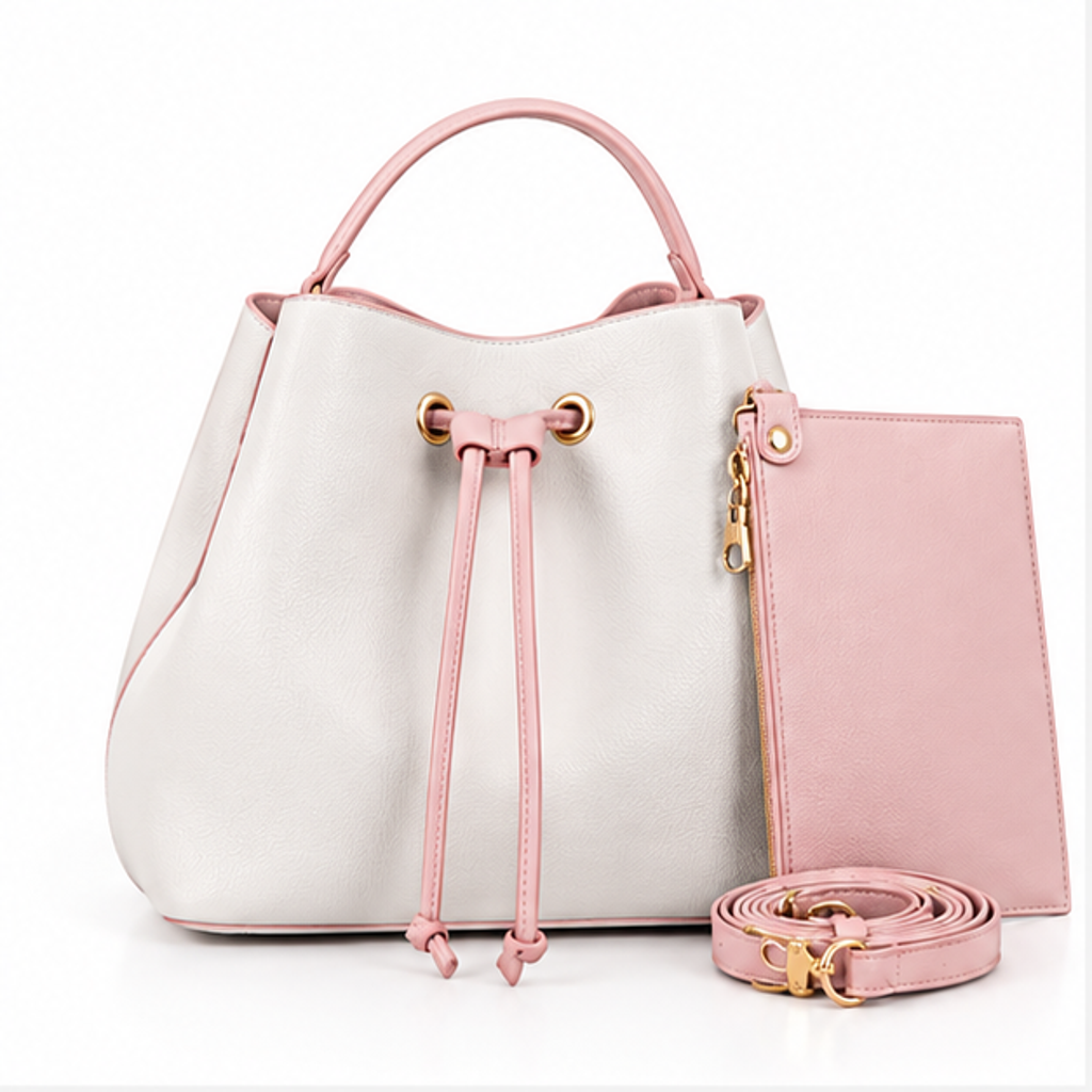 White Pink Drawstring Bucket Handbag Set