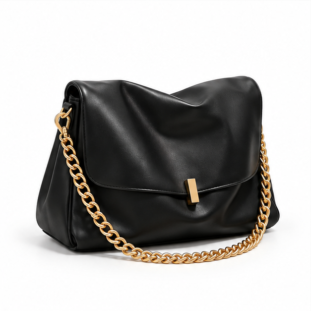 Elegant Black Slouchy Gold Chain Shoulder Handbag