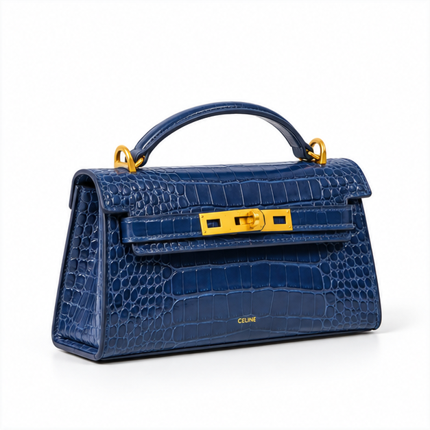Navy Croc Embossed Structured Handle Handbag
