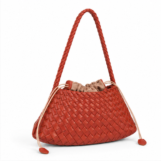 Woven Leather Drawstring Shoulder Bag