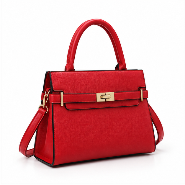 Red Structured Leather Gold Clasp Handbag