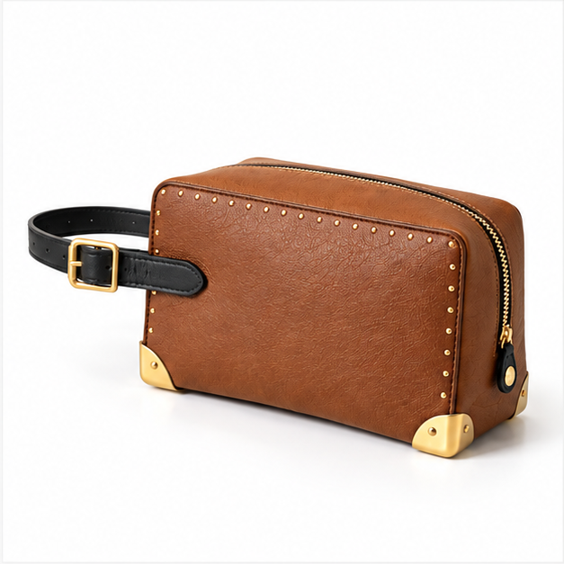 Cognac Studded Leather Wristlet Crossbody Bag