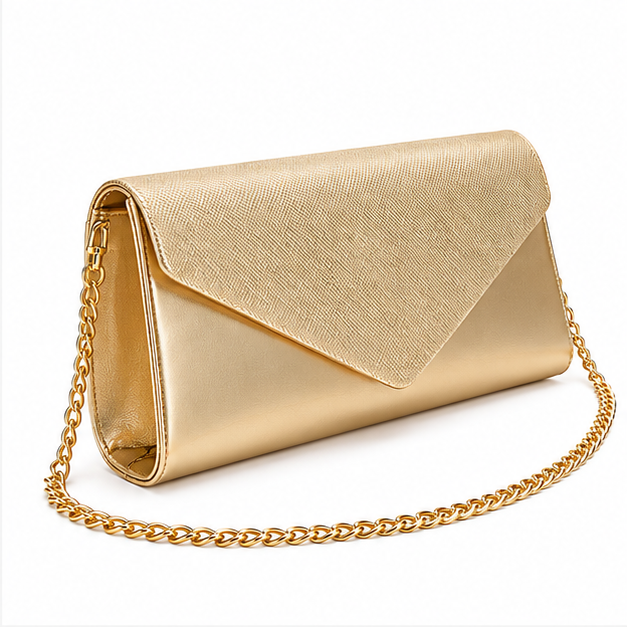 Gold Envelope Clutch With Chain Strap