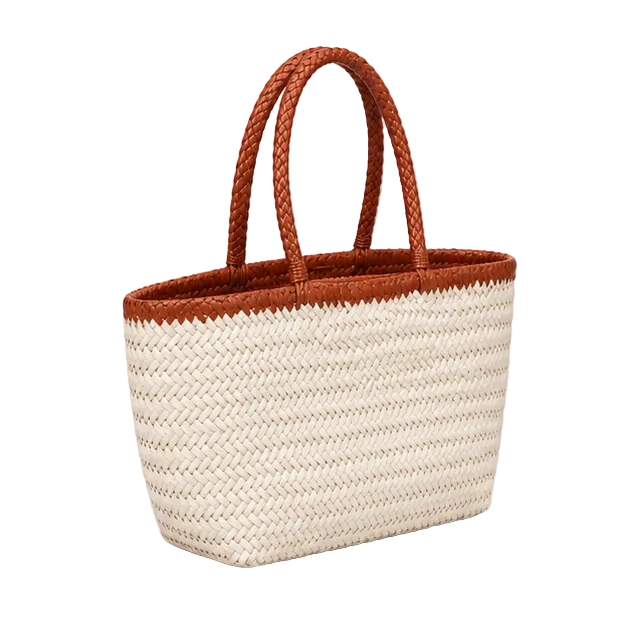 Ivory Woven Tote With Brown Handles