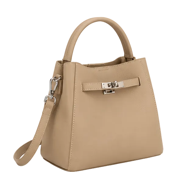 Elegant Taupe Structured Leather Bucket Handbag