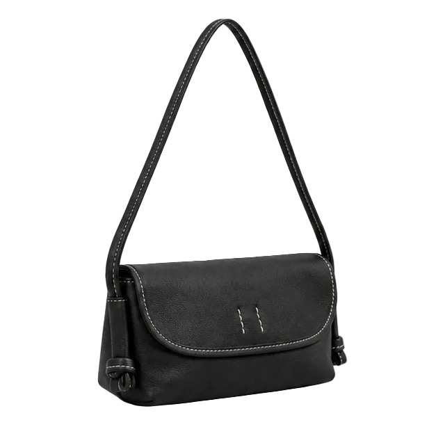 Black Pebbled Leather Crossbody Flap Shoulder Bag