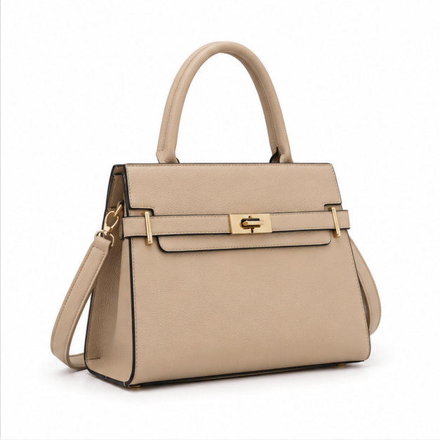 Khaki Structured Leather Top Handle Handbag