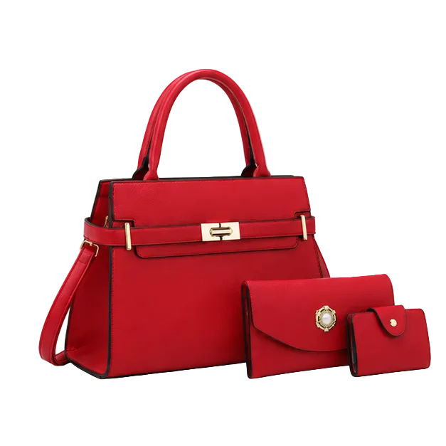 Red Structured Handbag With Matching Accessories