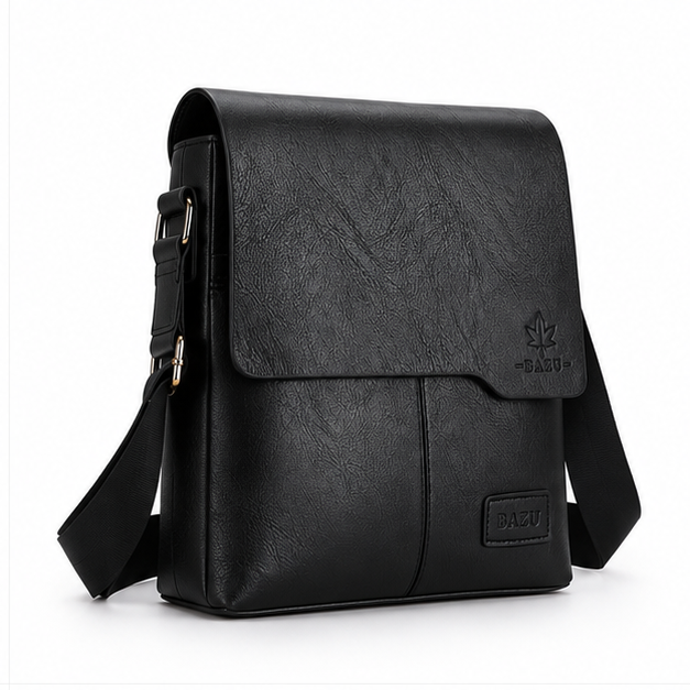 Black Textured Leather Crossbody Messenger Bag