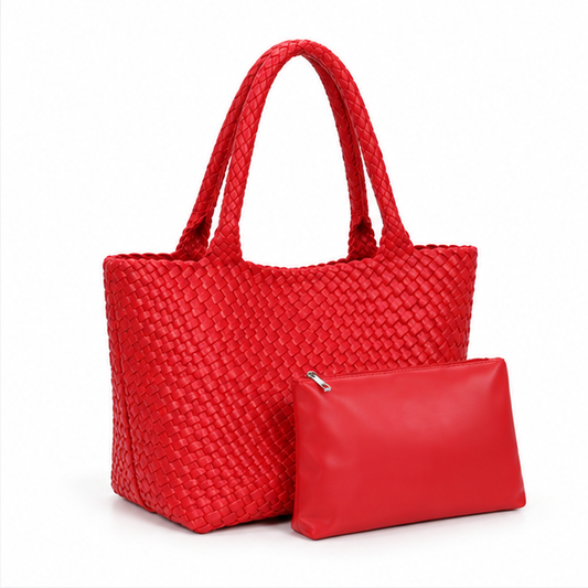 Red Woven Tote Bag With Pouch