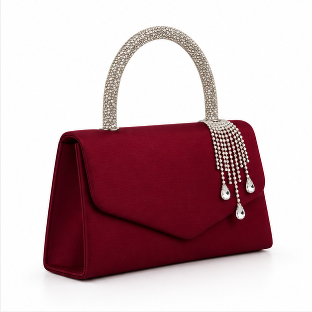 Burgundy Crystal Handle Evening Clutch Handbag