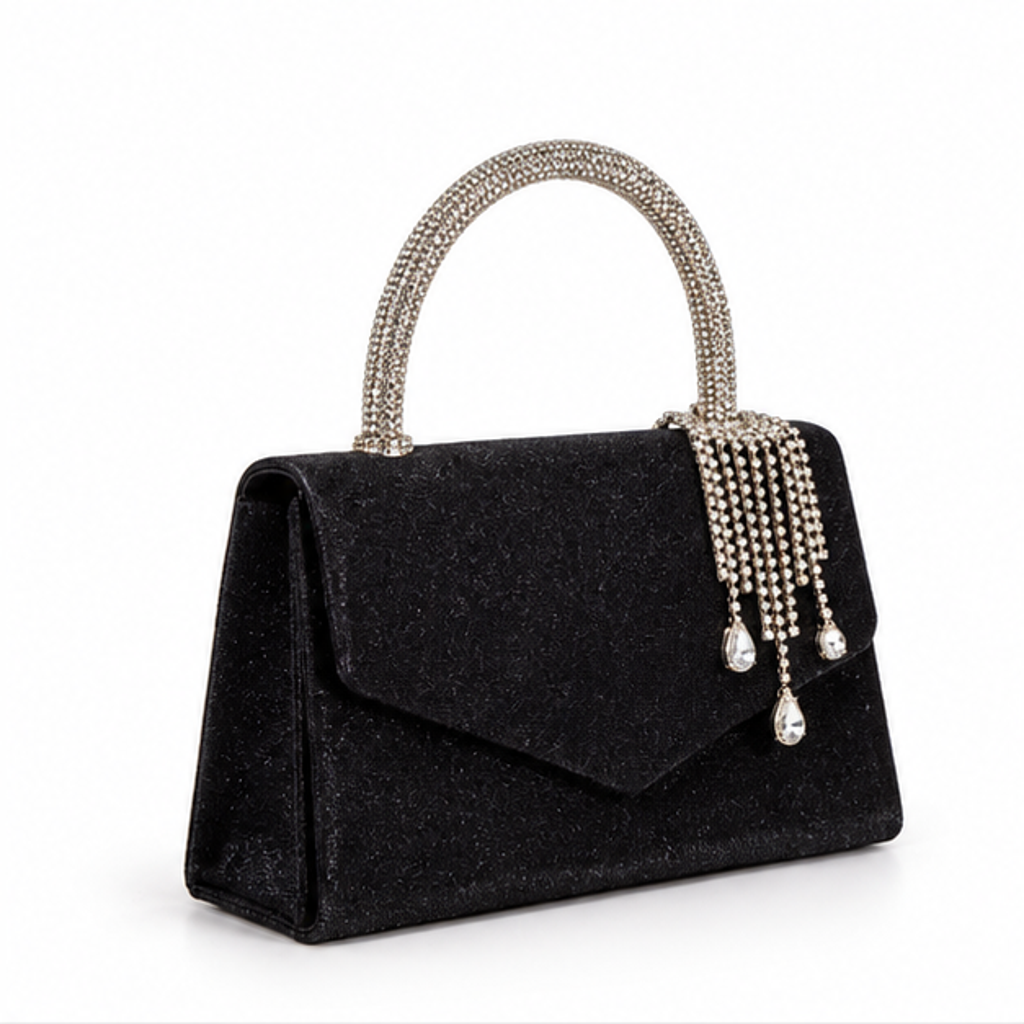 Black Crystal Handle Glitter Evening Handbag