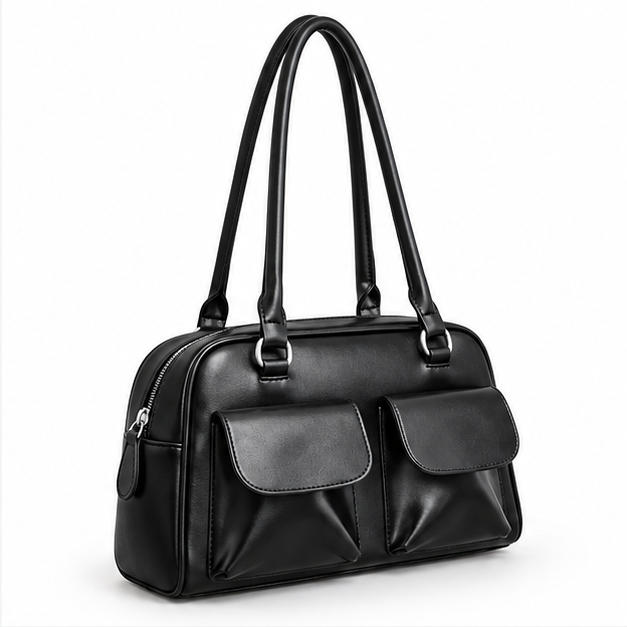 Black Double Pocket Structured Shoulder Bag