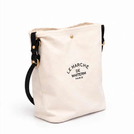 Ivory Canvas Shoulder Tote With black Strap
