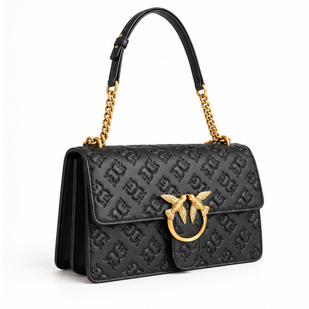 Black Embossed Gold Clasp Shoulder Bag