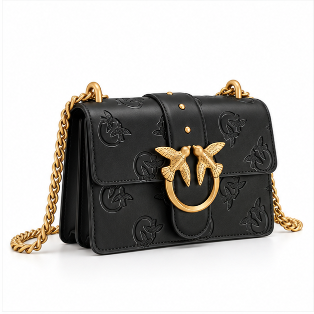 Elegant Black Embossed Bird Chain Shoulder Bag