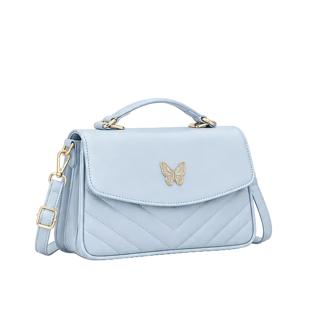 Ice Blue Butterfly Quilted Shoulder Handbag