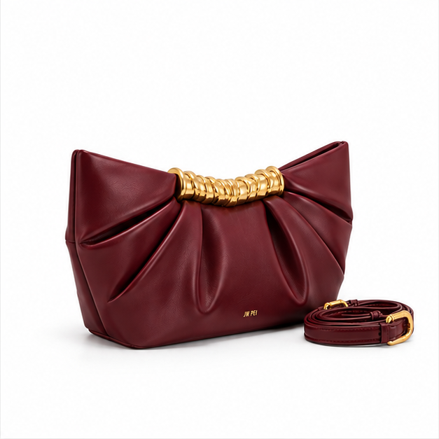 Burgundy Pleated Gold Handle Evening Bag