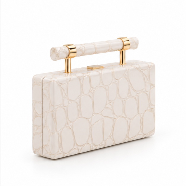 Ivory Croc Embossed Structured Clutch Bag