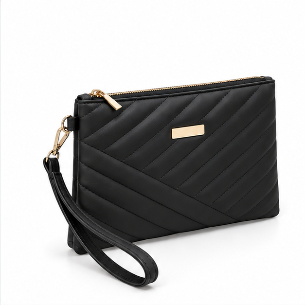 Black Quilted Wristlet Clutch Bag Purse