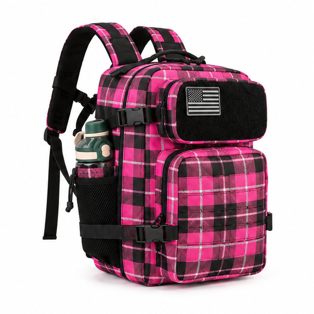 Pink Plaid Tactical Backpack with Pockets