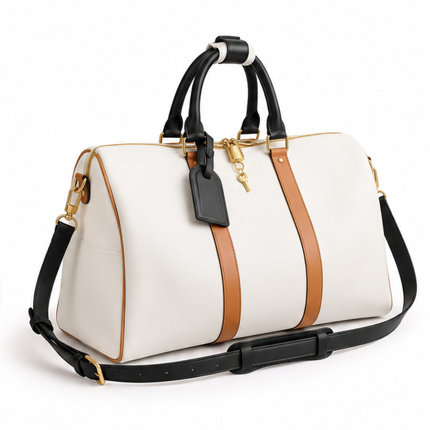 White Contrast Trim Travel Duffle Bag