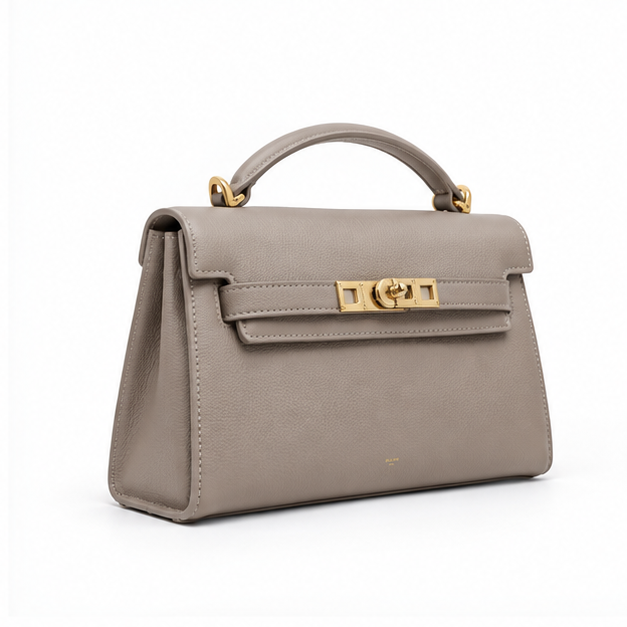 Elegant Taupe Structured Top Handle Handbag