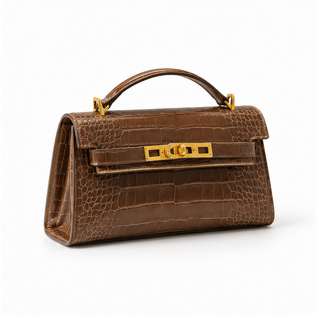 Crocodile Embossed Structured Brown Top Handle