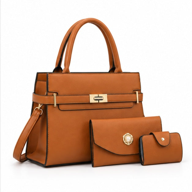 Tan Leather Handbag Three-Piece Set