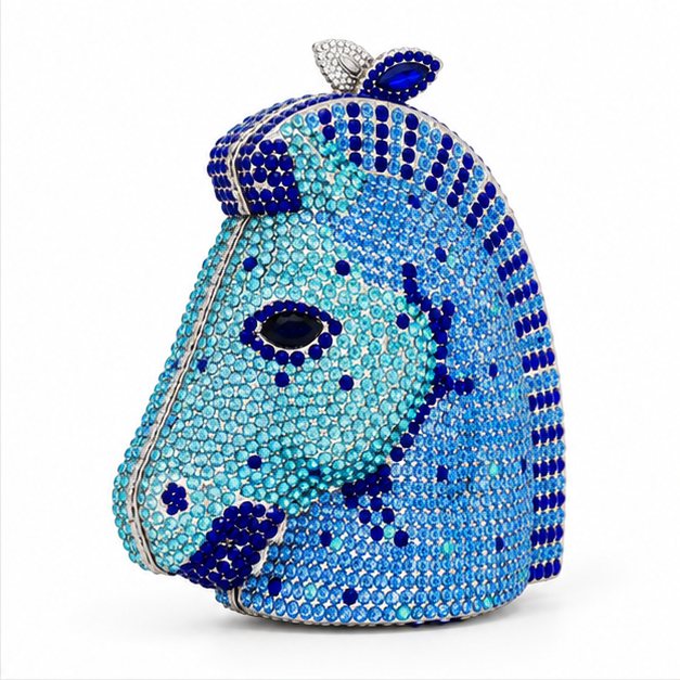 Blue Crystal Horse Head Evening Clutch