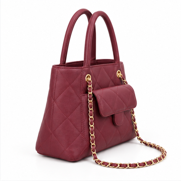 Burgundy Quilted Chain Handle Tote Bag