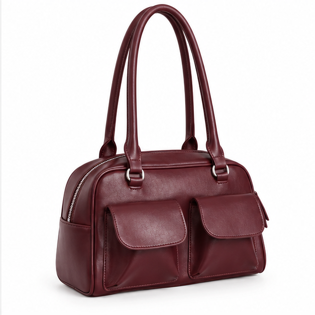 Burgundy Double Pocket Structured Shoulder Bag