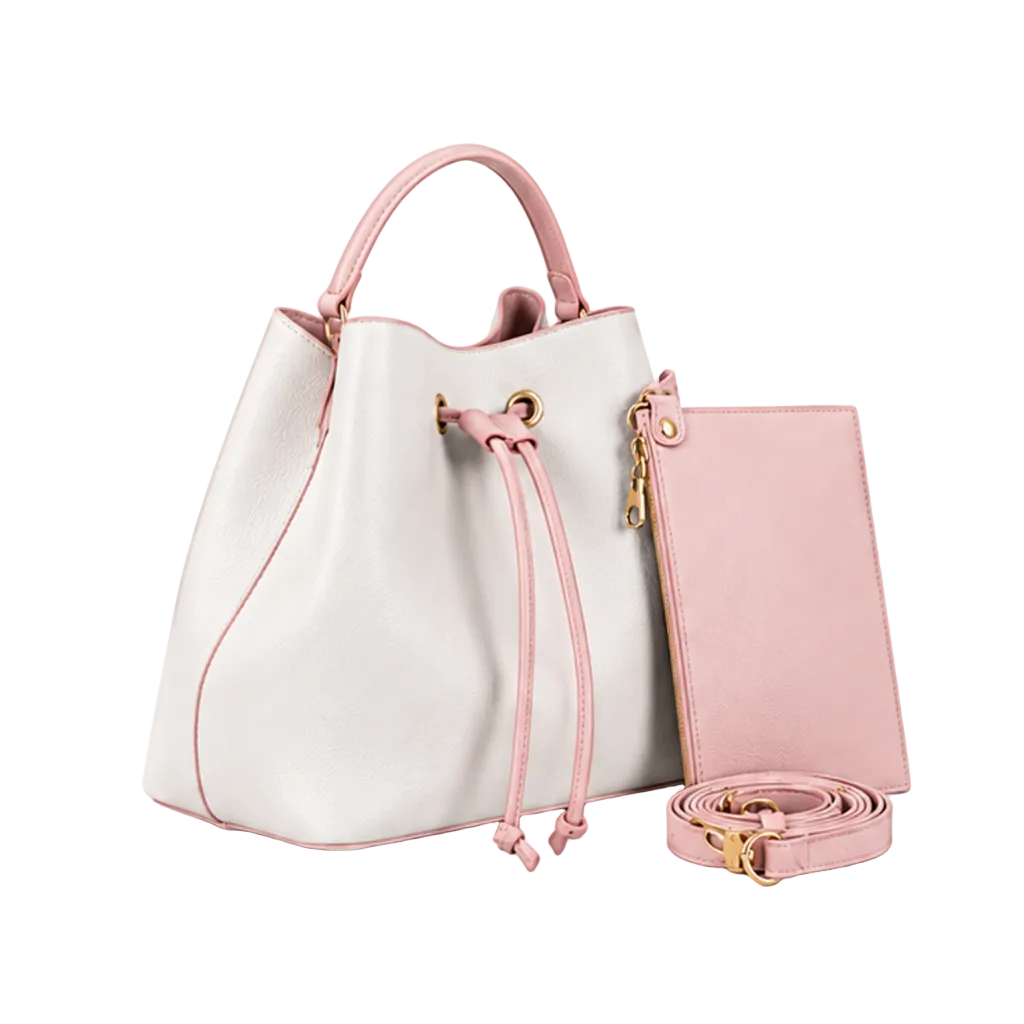White Pink Drawstring Bucket Handbag Set