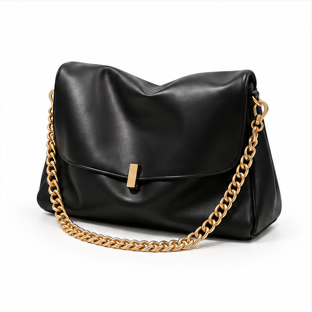 Elegant Black Slouchy Gold Chain Shoulder Handbag
