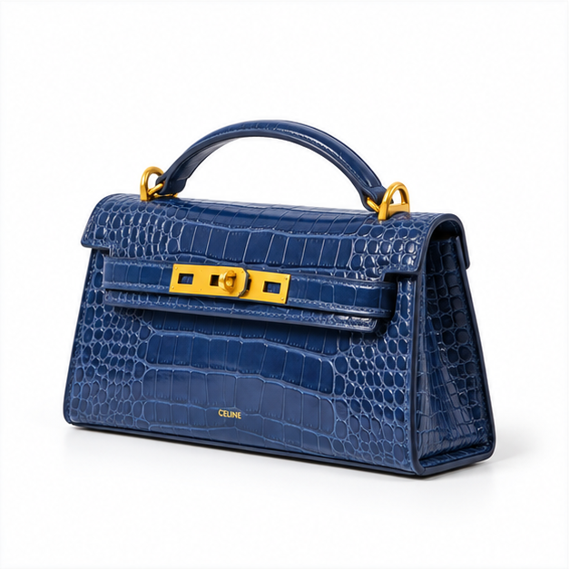Navy Croc Embossed Structured Handle Handbag