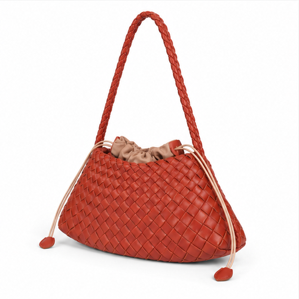 Woven Leather Drawstring Shoulder Bag